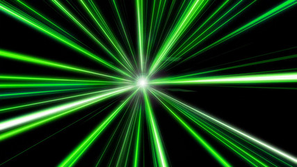 Entering green space warp. Abstract background with fast flying light streaks. Speed line & stripes flying into glowing tunnel.  