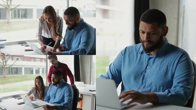 Collage of medium shots of colleagues in office typing on laptop, filling in some form, working together. Work, support concept