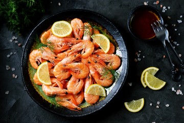 Boiled big sea prawns (shrimps). Healthy food. Top view. Copy space. 