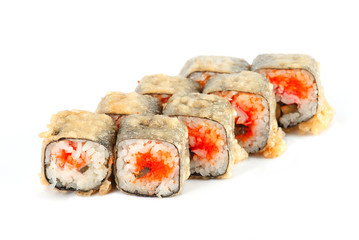 Sushi Roll - Maki Sushi with Smoked Eel, Avocado and Spice Sauce isolated on white background