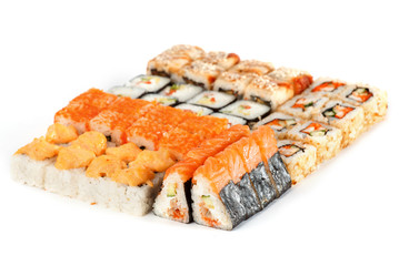 Sushi Roll - Maki Sushi pieces collection with Salmon Roe, Smoked Eel, Cucumber, Cream Cheese, Sesame, Avocado, Onion Fries, Crab Meat, Tobiko isolated on white background