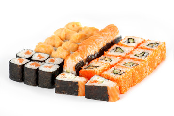 Sushi Roll - Maki Sushi pieces collection with Salmon Roe, Smoked Eel, Cucumber, Cream Cheese, Sesame, Avocado, Onion Fries, Crab Meat, Tobiko isolated on white background