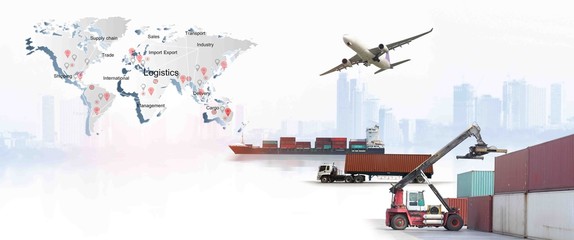 The world logistics, Transportation, import-export and logistics concept, there are world map background and container truck, ship in port and airplane