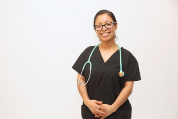 Multi ethnic female healthcare professional, white background with copy space