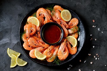 Boiled big sea prawns (shrimps). Healthy food. Top view. Copy space. 