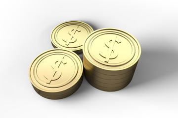 golden currency coins with white background, 3d rendering
