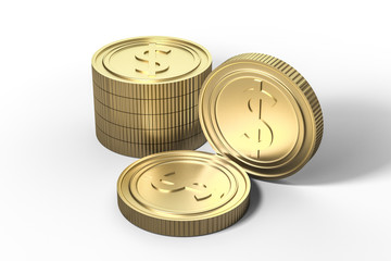 golden currency coins with white background, 3d rendering