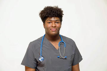 Portrait of an African American healthcare professional on white background with copy space