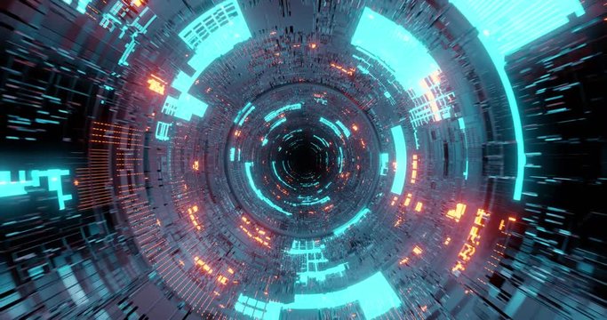 4K seamless loop flying into spaceship tunnel, sci-fi spaceship corridor. Futuristic technology abstract seamless VJ for tech titles and background. Motion graphic for internet, speed. 3D render