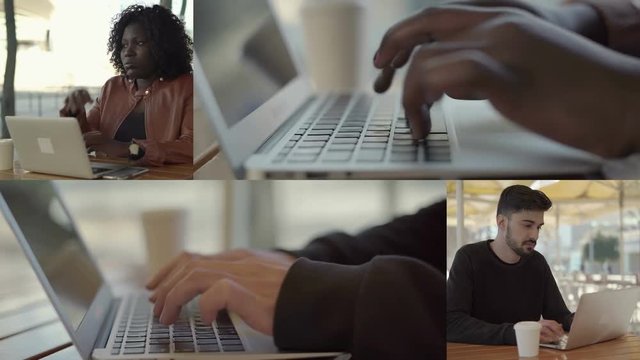 Collage of medium and closeup shots of Afro-American young plumpy woman with curly hair in sand leather jacket and mixed-race man outside typing on laptop outside, thinking. Work concept