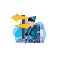 traveler man with travel bag and wooden arrow signal