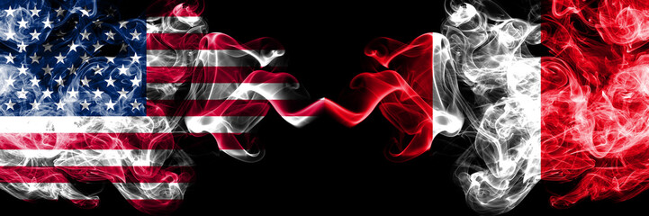 United States of America vs Peru, Peruan smoky mystic flags placed side by side. Thick colored silky smoke flags of America and Peru, Peruan