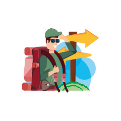 traveler man with travel bag and wooden arrow signal
