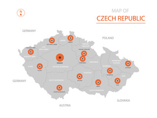 Stylized vector Czech Republic map showing big cities, capital Prague, administrative divisions.