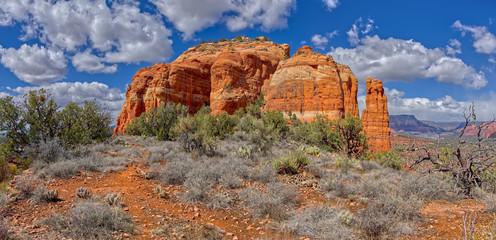 View of the summit of Cathedral Rock in Sedona AZ. This view is from a terrace that extends south of the rock face.