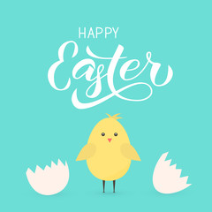Happy Easter calligraphy hand lettering. Cute cartoon chicken hatched from eggs. Easter celebration greeting card. Easy to edit template for party invitation, poster, banner. Vector illustration.