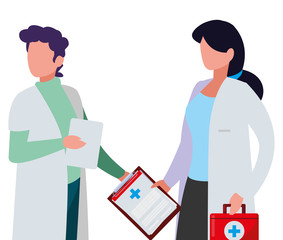 couple doctors with order and kit medical