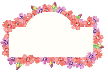 flower frame with pink and purple flower and green leaves. hand drawing illustration, for design and decor