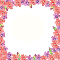 watercolor  flower pink frame with pink and purple flower and green leaves. hand drawing illustration, for design and decor