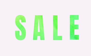 Inscription Sale green color on a white background. raster watercolor illustration for design of banners, flyers, posters.