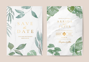 Wedding invitation cards with marble texture background,Gold geometric Shape line and Green Tropical Leaves design vector collection.