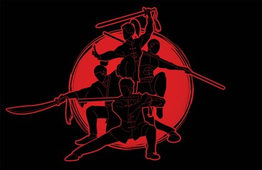 Group of People Kung Fu fighter, Martial arts with weapons action cartoon graphic vector.