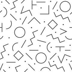 Black line modern retro and funky geometrical shapes pattern background on white