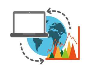 laptop computer with planet earth and statistic graphic