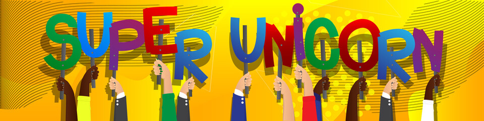 Diverse hands holding letters of the alphabet created the words Super Unicorn. Vector illustration.