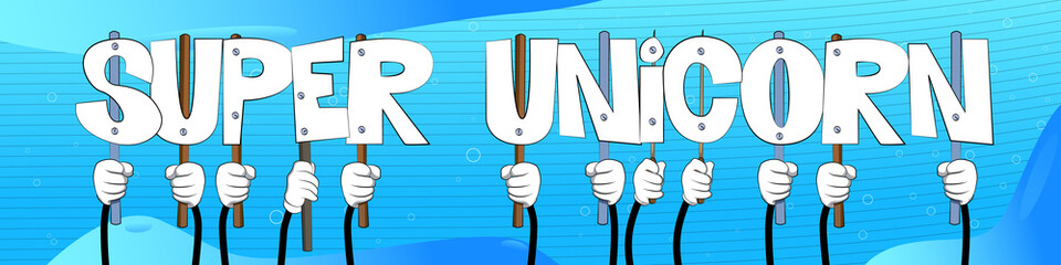 Diverse hands holding letters of the alphabet created the words Super Unicorn. Vector illustration.