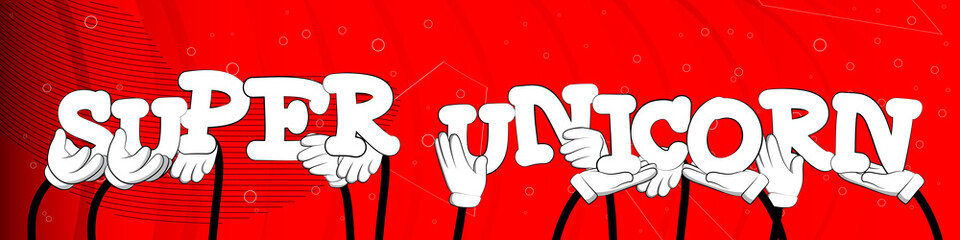 Diverse hands holding letters of the alphabet created the words Super Unicorn. Vector illustration.