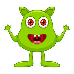 Cute little green cartoon monster on white background