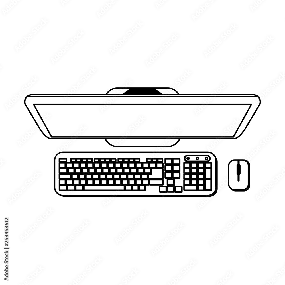 Poster computer with keyboard and mouse topview black and white