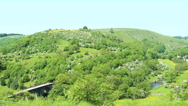 Panorama of Monsal Dale - a beautiful valley in Peak District, England with the Headstone Viaduct. 