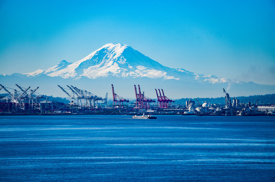 Seattle Port with Red Cranes and Boats with Mt Rainier