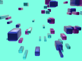 abstract many geometric shape falling/levitation pink blue purple metallic reflection 3d rendering