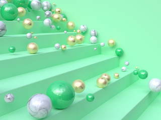 green scene steps/staircase many ball/sphere gold green white drop 3d rendering