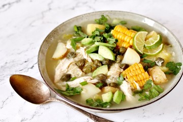 chicken soup with potatoes. Colombian cuisine. in spanish it sounds like 