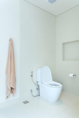 white flush toilet inside a minimal elegant style bathroom