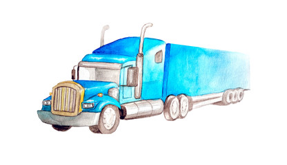 Watercolor blue semi-trailer truck as a tractor unit and  semi-trailer to carry freight in white background isolated © Анна Лукина
