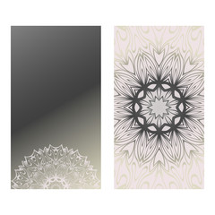 Vintage Cards With Floral Mandala Pattern. Vector Template. The Front And Rear Side. Grey silver color