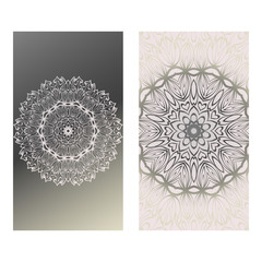 Vintage Cards With Floral Mandala Pattern. Vector Template. The Front And Rear Side. Grey silver color