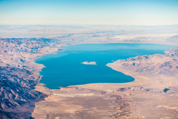 aerial view from plane of pyramid lake over nevada