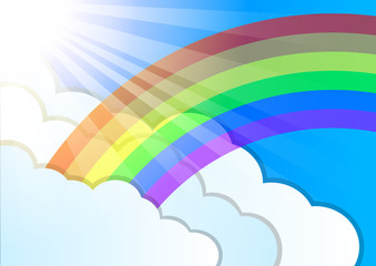 Rainbow. sun rays and clouds elements. Summer weather. Beautiful nature landscape. Sweet sky. 