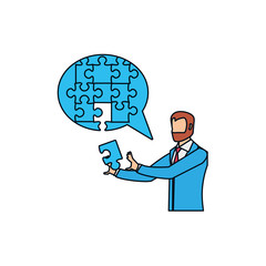 businessman with puzzle pieces in shape speech bubble