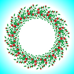 round wreath of red berries and green branches with leaves isolated on gradient background