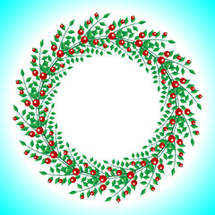 round wreath of red berries and green branches with leaves isolated on gradient background