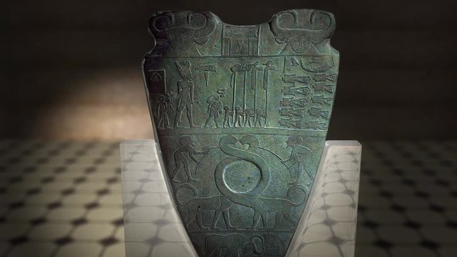 Narmer Palette with the earliest hieroglyphic inscriptions. Verso side. 3D animation