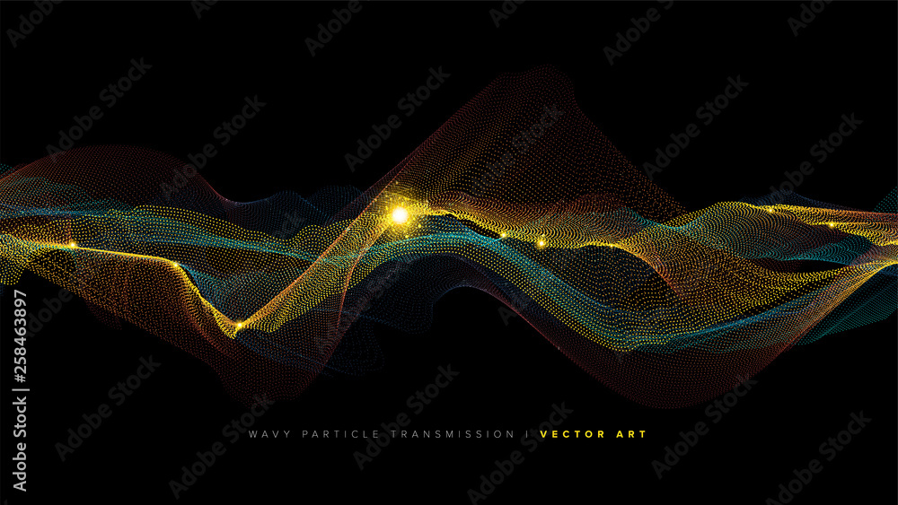 Poster the conceptual illustration of wavy particle effect in vector art. it is suitable to be used as a ba