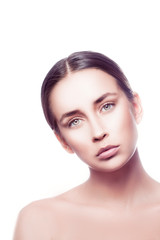 Fototapeta premium Fashion model woman beauty portrait isolated on white background. Natural nude makeup, clean skin, green eyes, blonde hair. Skincare facial treatment concept. Copy space